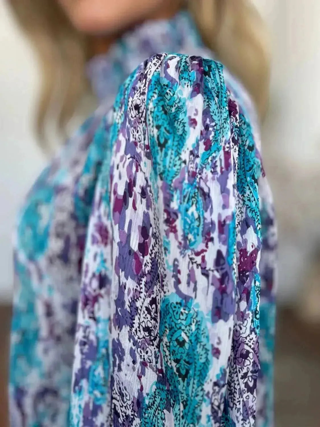 Double Take Full Size Printed Smocked Long Sleeve Blouse - Bad Moms Club