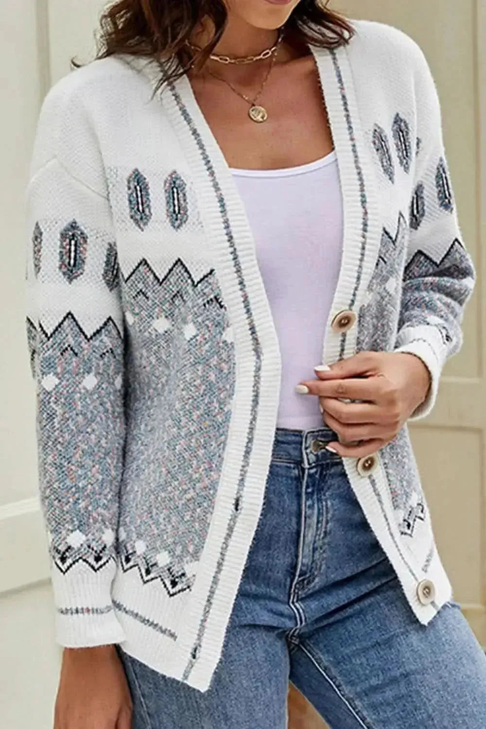 Printed V-Neck Buttoned Cardigan - Bad Moms Club