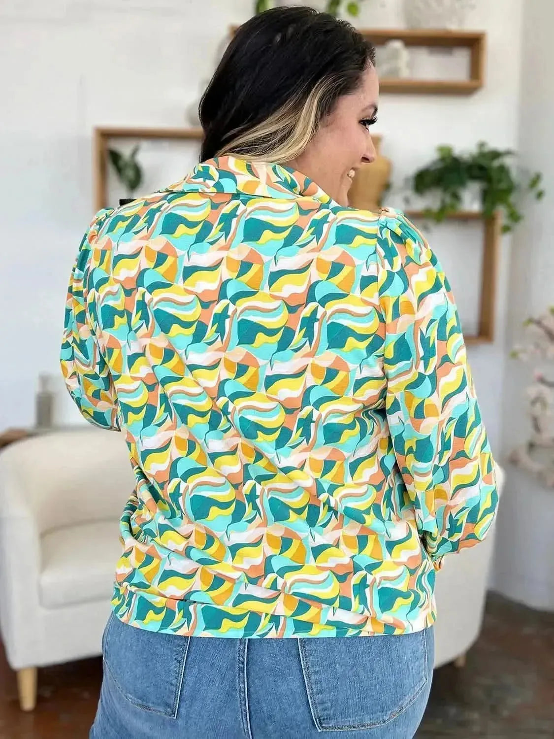 Double Take Full Size Printed Smocked Long Sleeve Blouse - Bad Moms Club