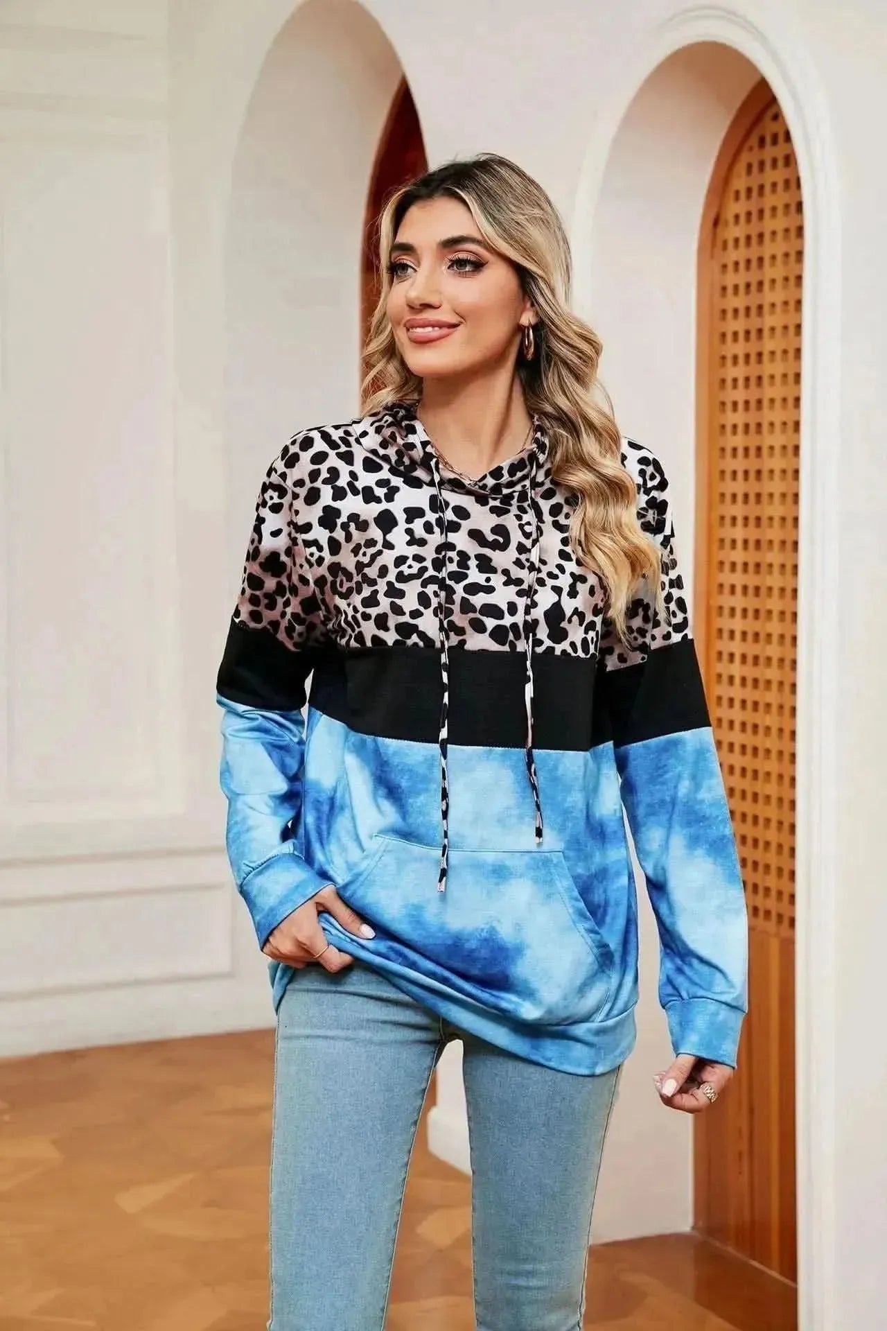 Leopard Drawstring Hoodie with Pocket - Bad Moms Club
