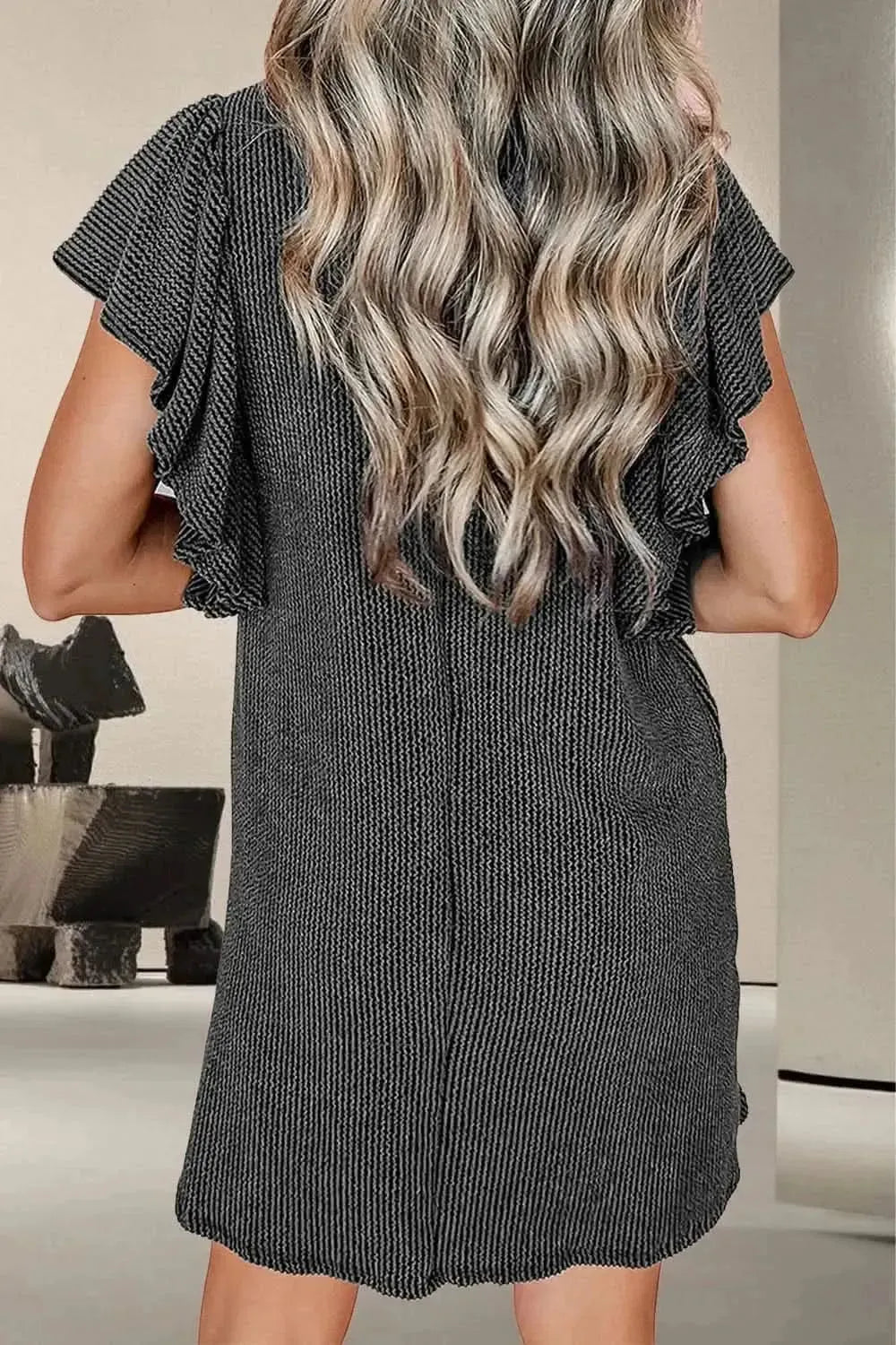 Textured Ruffled Round Neck Cap Sleeve Dress - Bad Moms Club