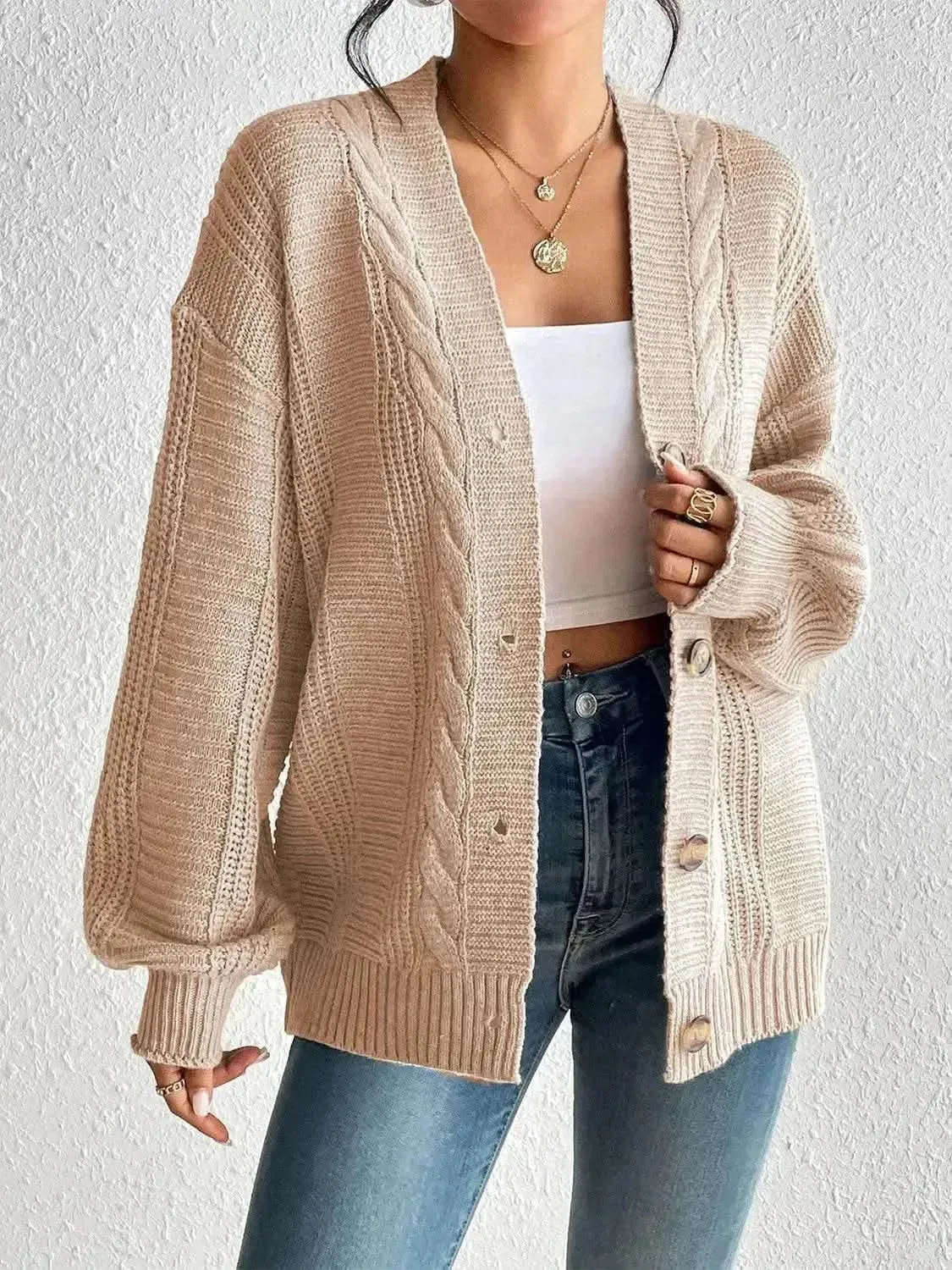 Cable-Knit Button Down Cardigan - Bad Moms Club
