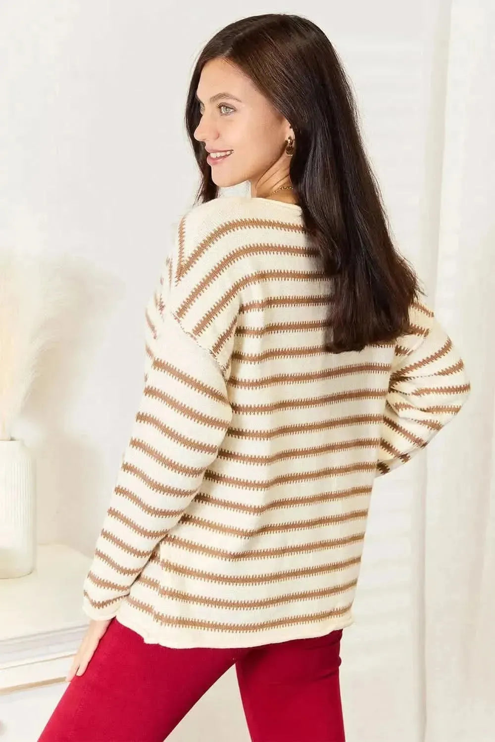 Double Take Striped Boat Neck Sweater - Bad Moms Club