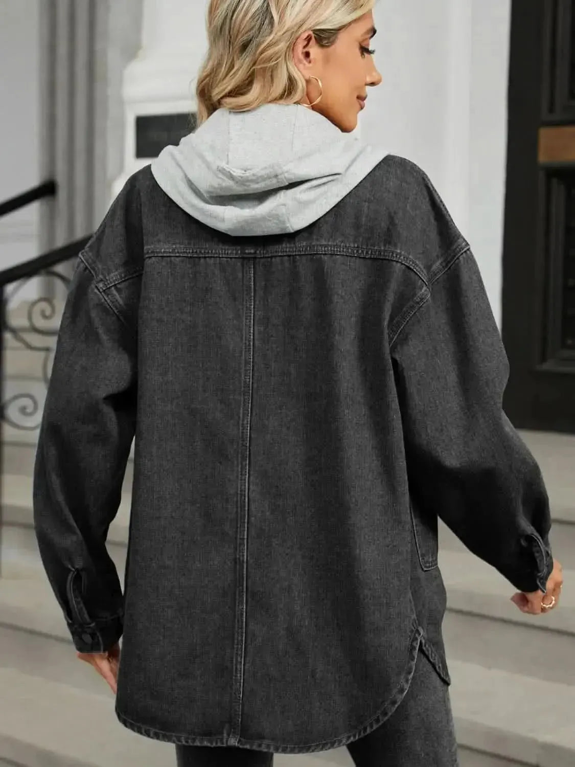 Removable Hood Button Up Long Sleeve Denim Jacket - Bad Moms Club