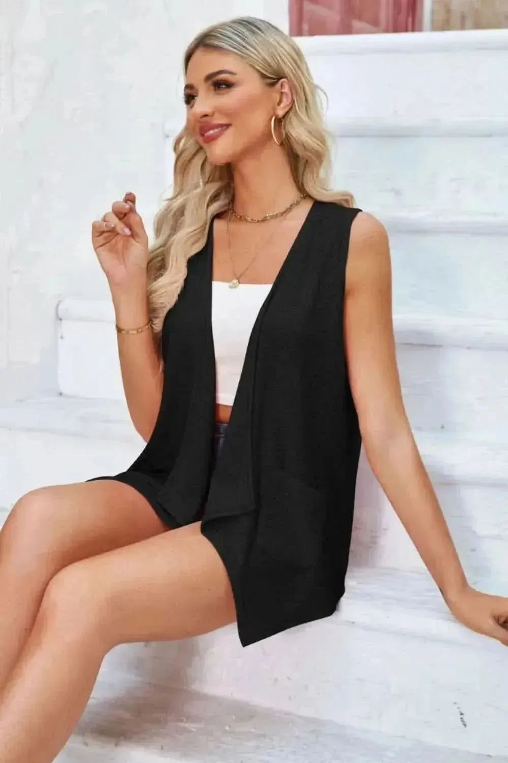 Eyelet Open Front Sleeveless Cardigan - Bad Moms Club