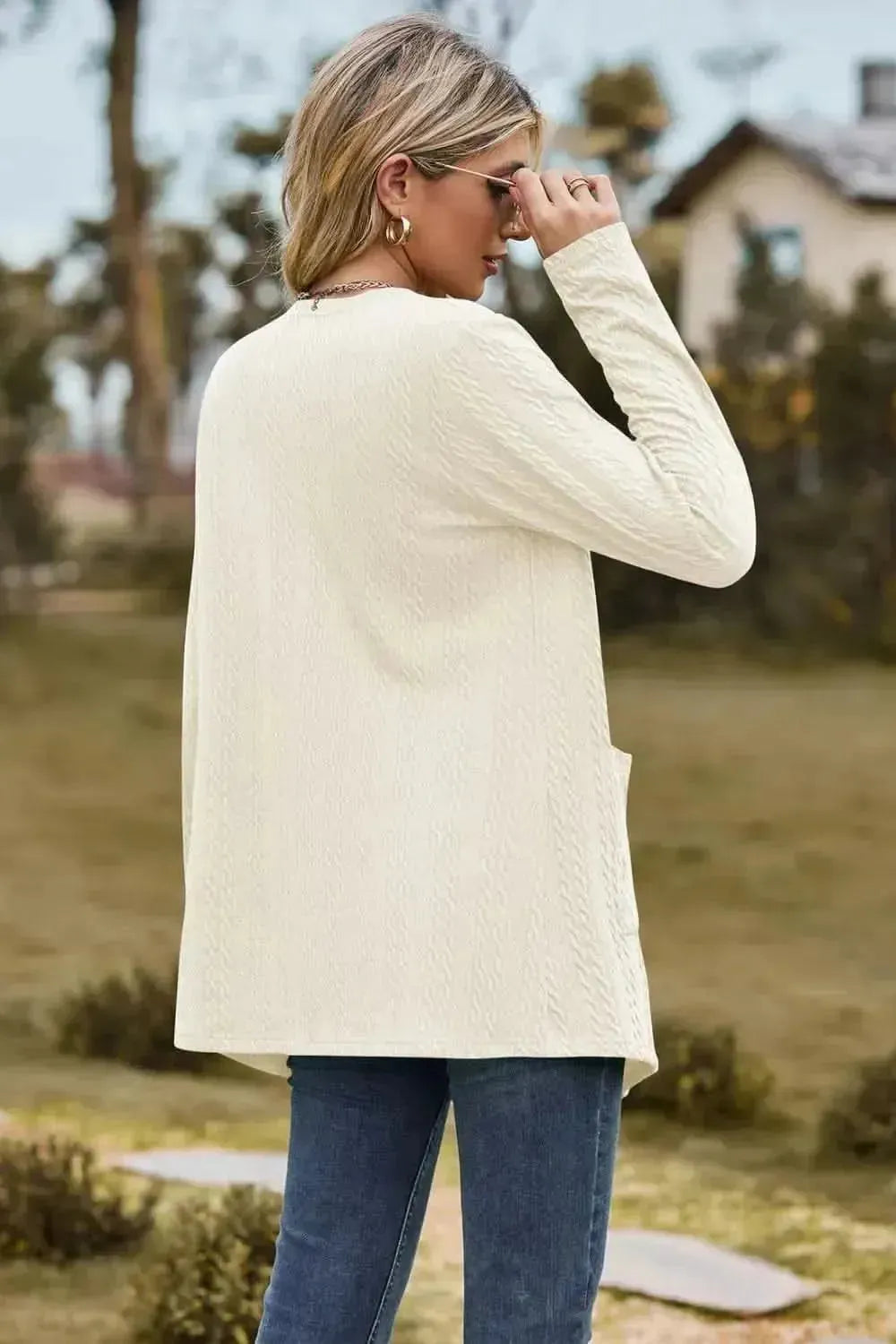 Cable-Knit Long Sleeve Cardigan with Pocket - Bad Moms Club