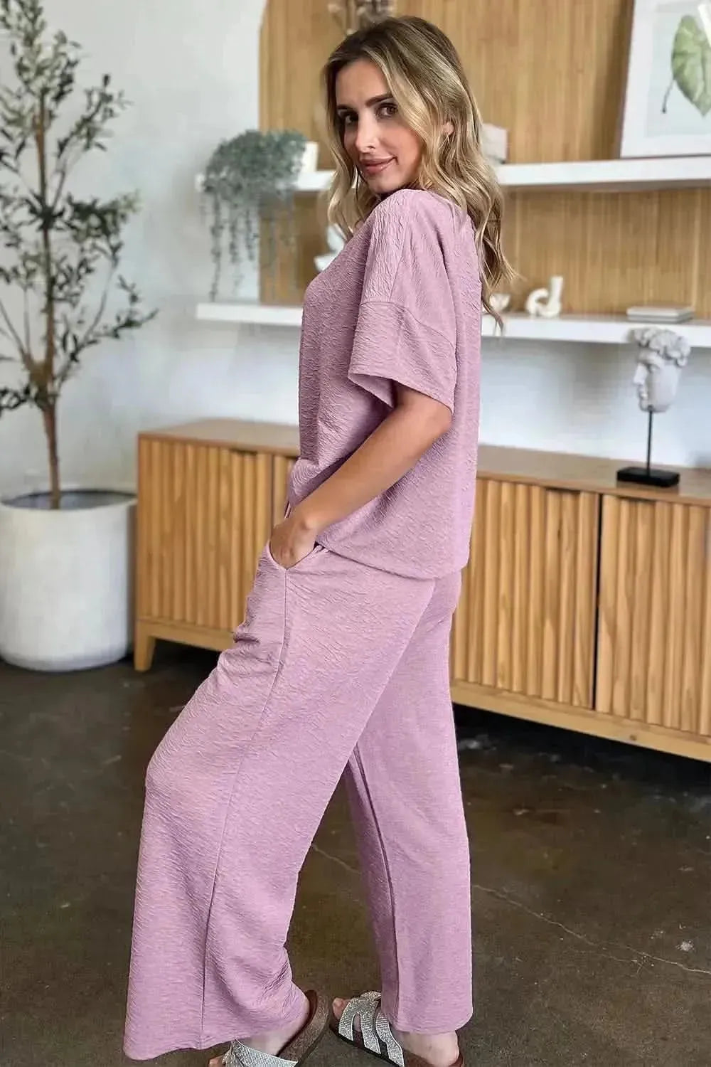 Double Take Full Size Texture Short Sleeve Top and Pants Set - Bad Moms Club