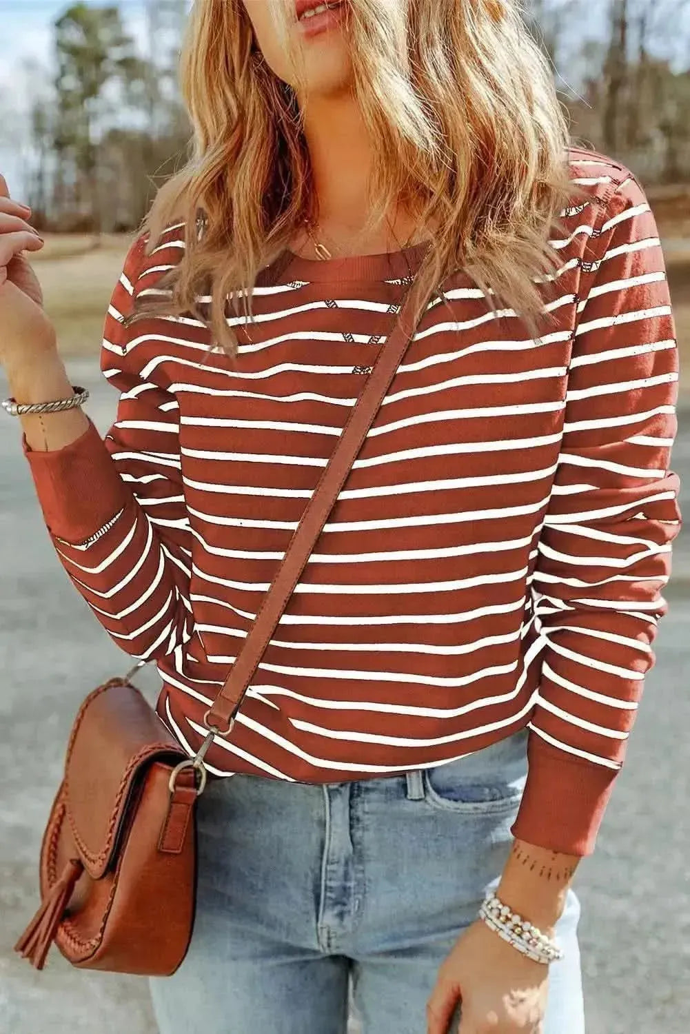 Striped Long Sleeve Round Neck Top - Bad Moms Club