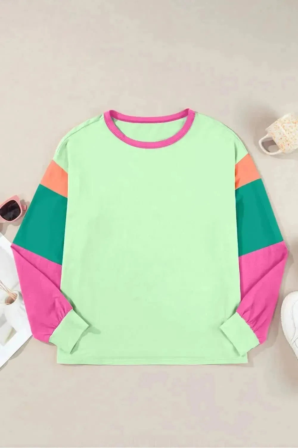 Color Block Round Neck Long Sleeve Top - Bad Moms Club