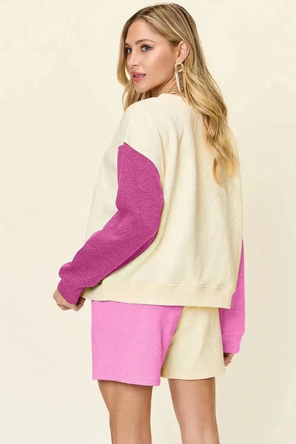 Double Take Full Size Contrast Drop Shoulder Top and Shorts Set - Bad Moms Club