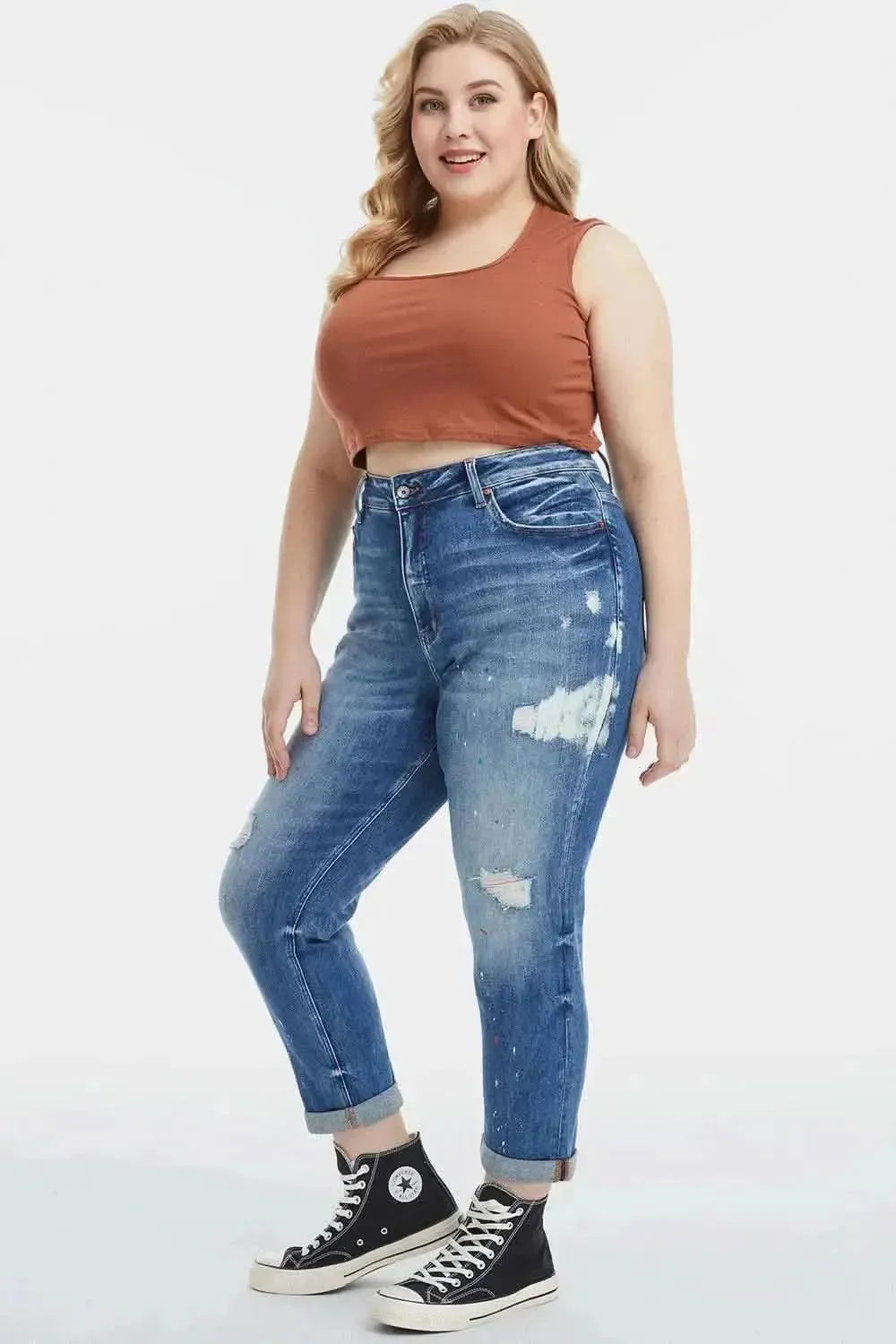 BAYEAS Full Size High Waist Distressed Paint Splatter Pattern Jeans - Bad Moms Club