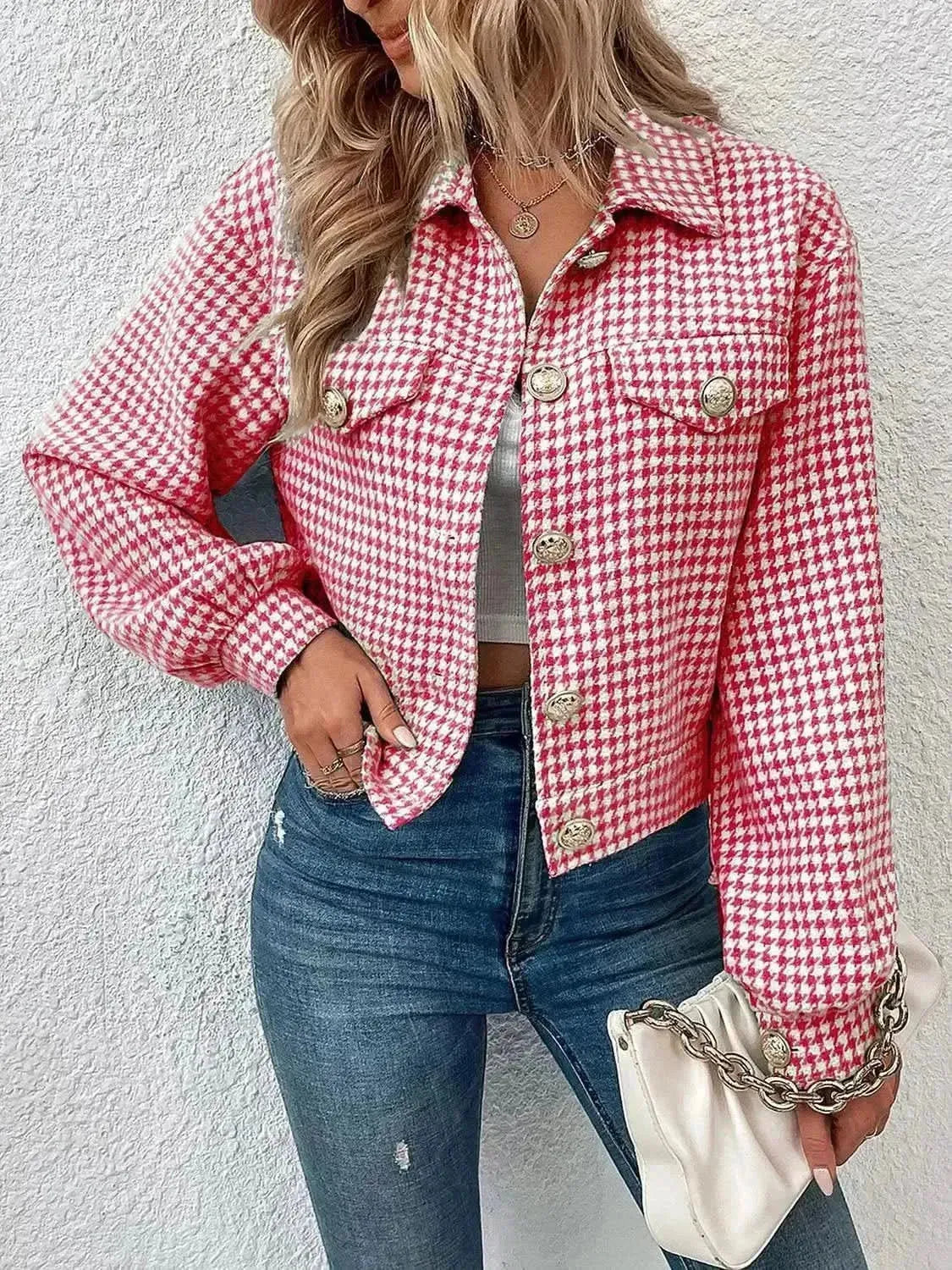 Houndstooth Collared Neck Button Up Jacket - Bad Moms Club