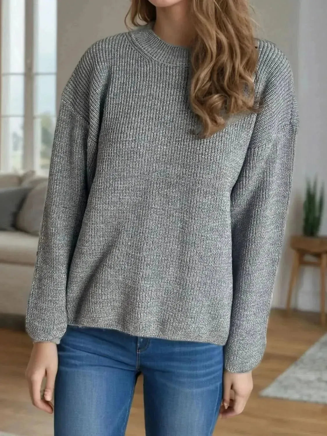 Solid Color Round Neck Long Sleeve Sweater - Bad Moms Club