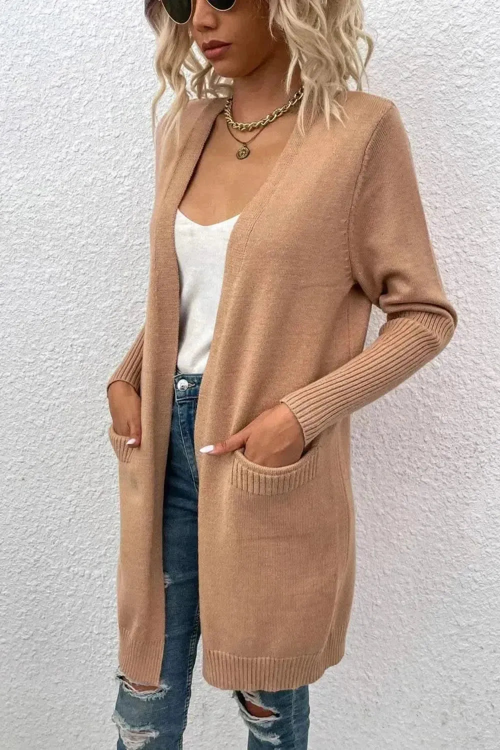 Open Front Long Sleeve Cardigan with Pockets - Bad Moms Club