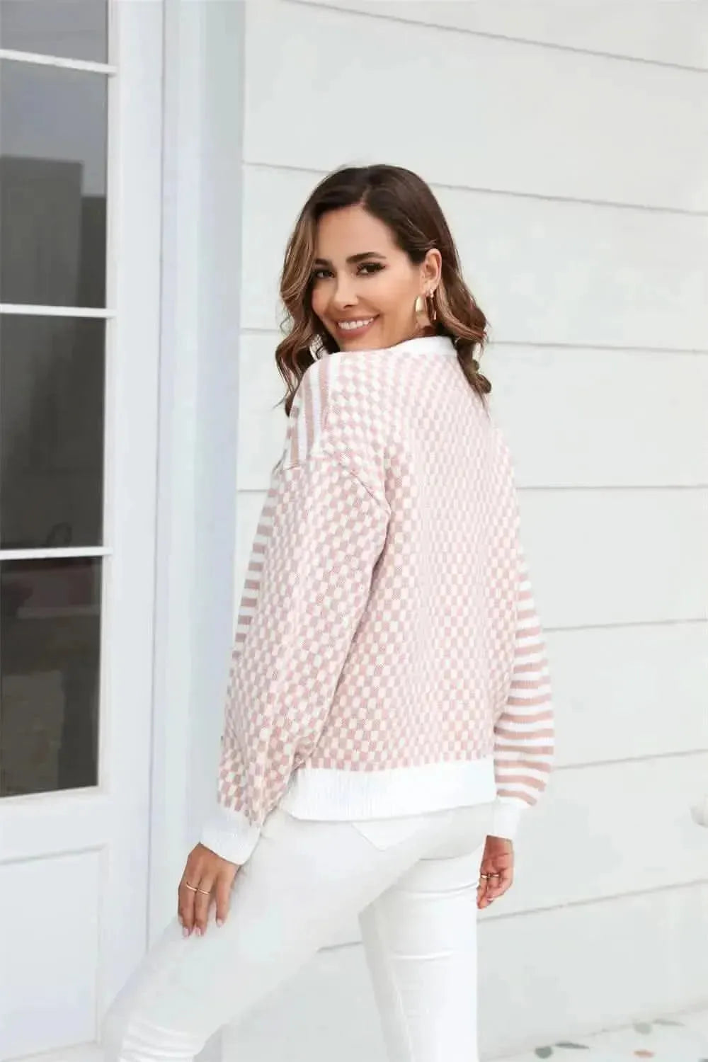 Button-Down Stripe & Plaid Contrast Pattern Cardigan - Bad Moms Club
