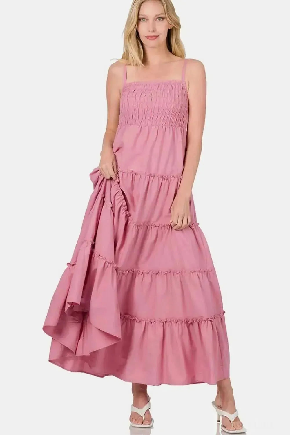 Zenana Woven Smocked Tiered Cami Maxi Dress - Bad Moms Club