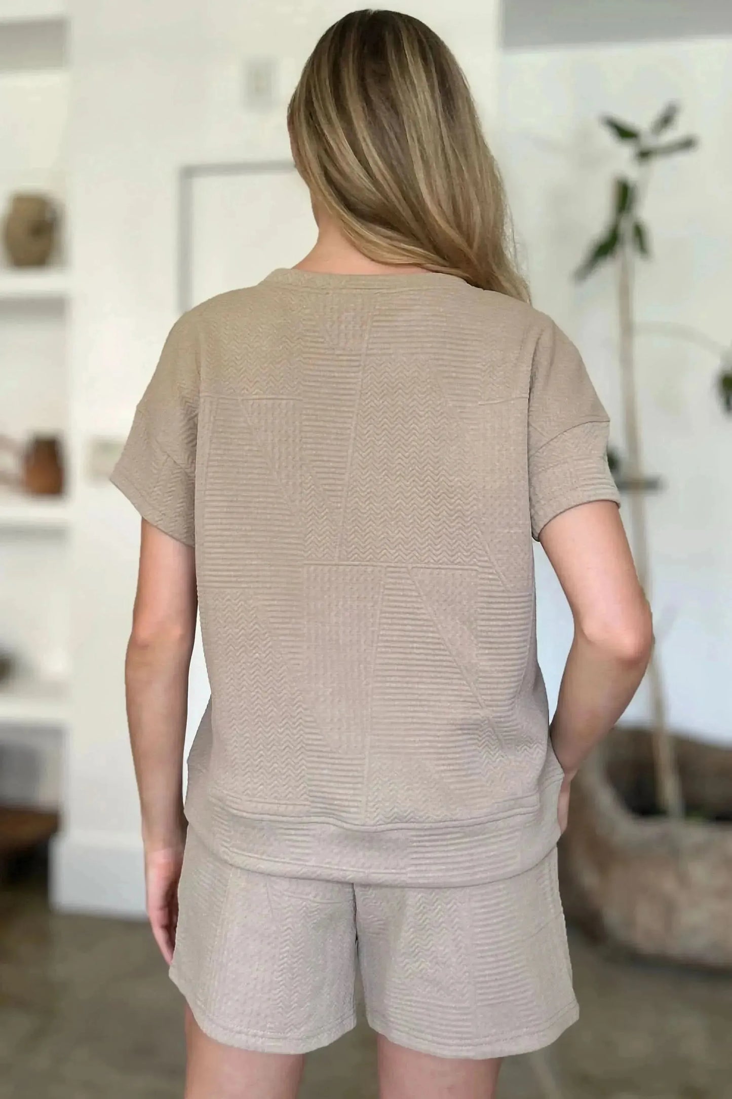 Double Take Full Size Texture Short Sleeve Top and Shorts Set - Bad Moms Club