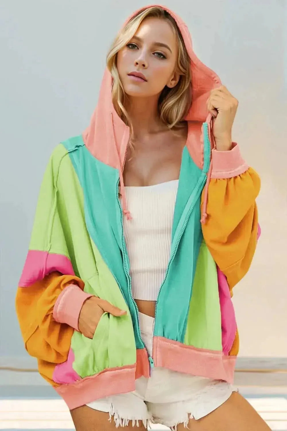 Double Take Full Size Color Block Zip Up Hoodie - Bad Moms Club