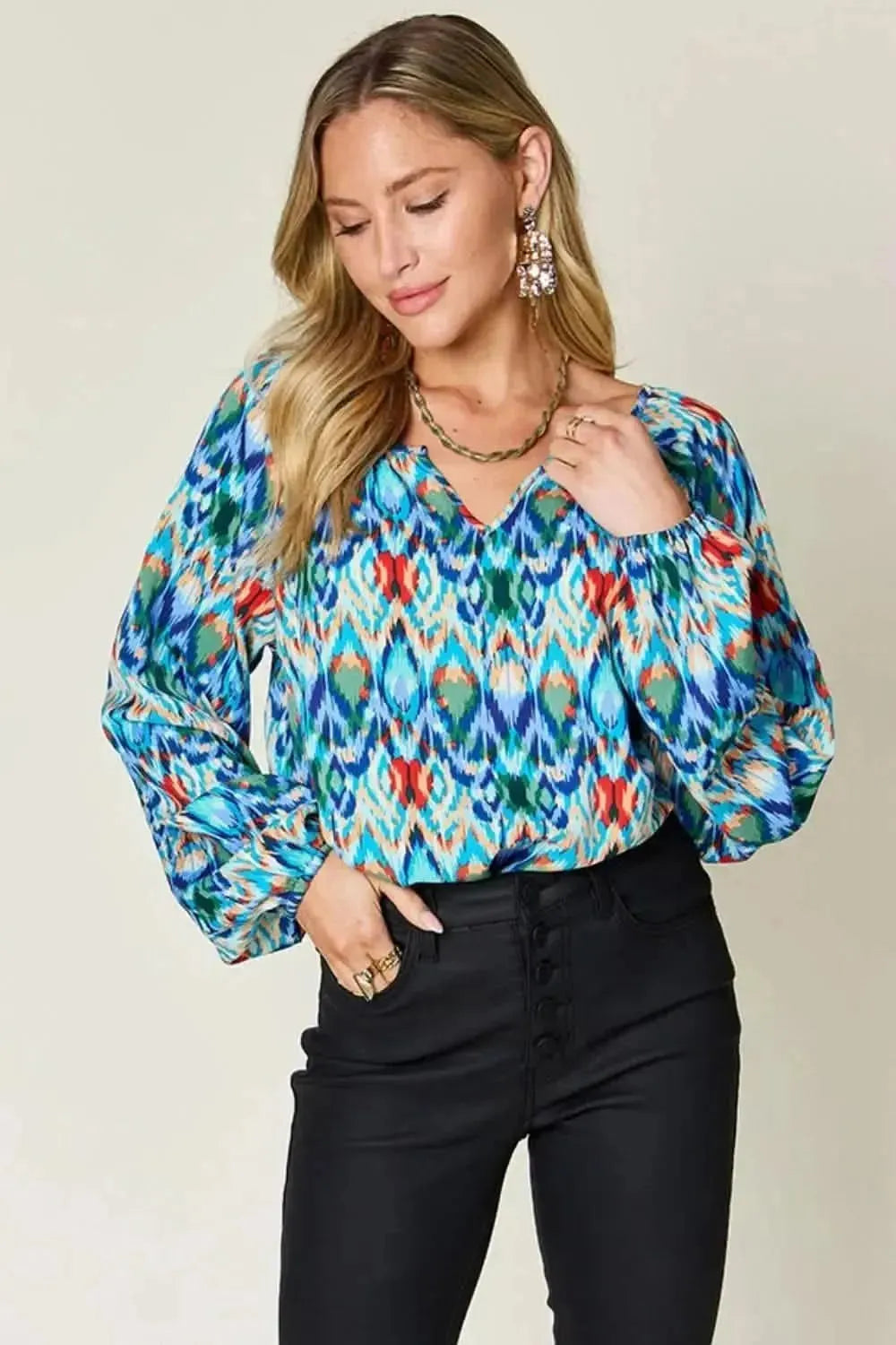 Double Take Full Size Printed Balloon Sleeve Blouse - Bad Moms Club