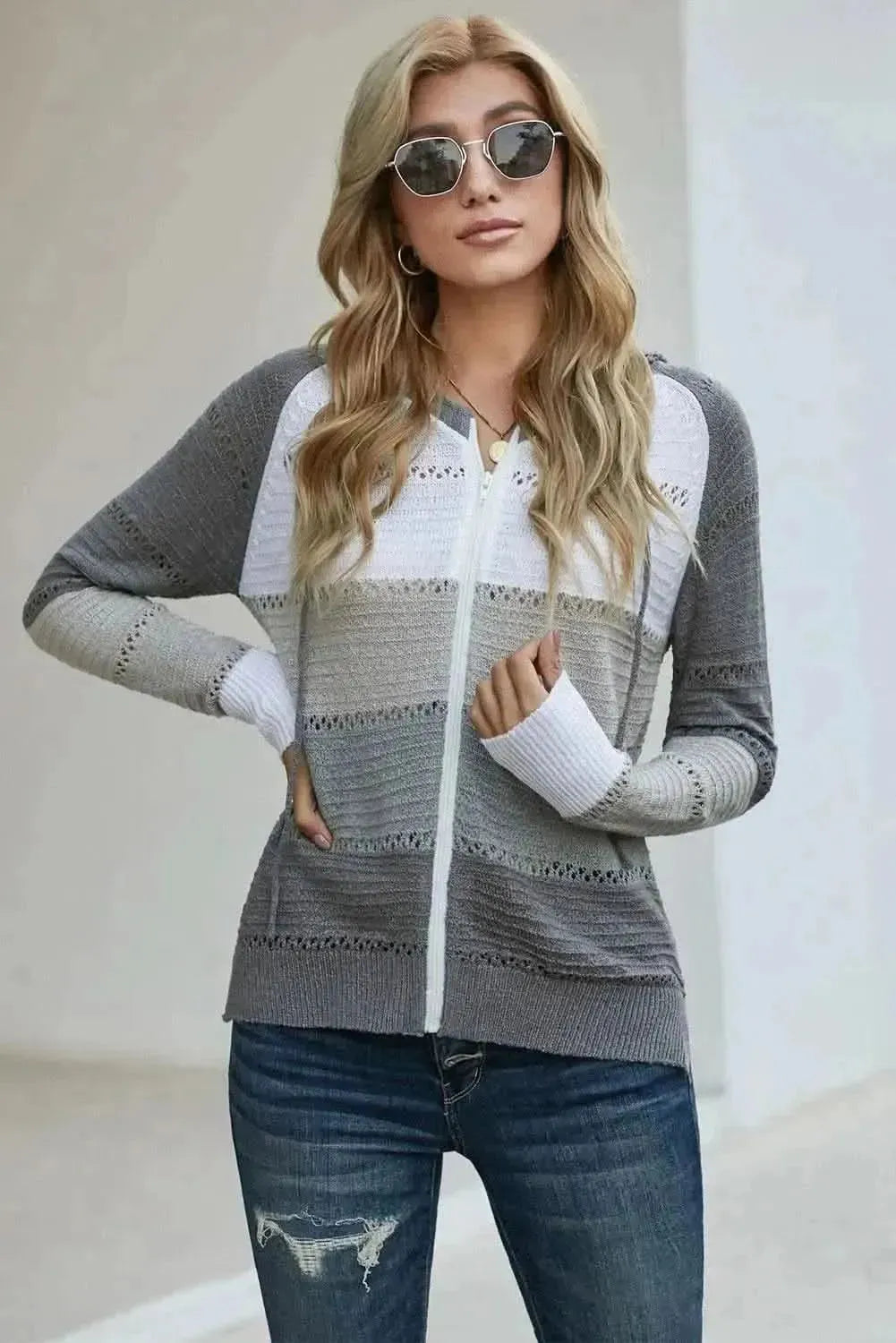 Zip-Up Raglan Sleeve Openwork Hooded Cardigan - Bad Moms Club