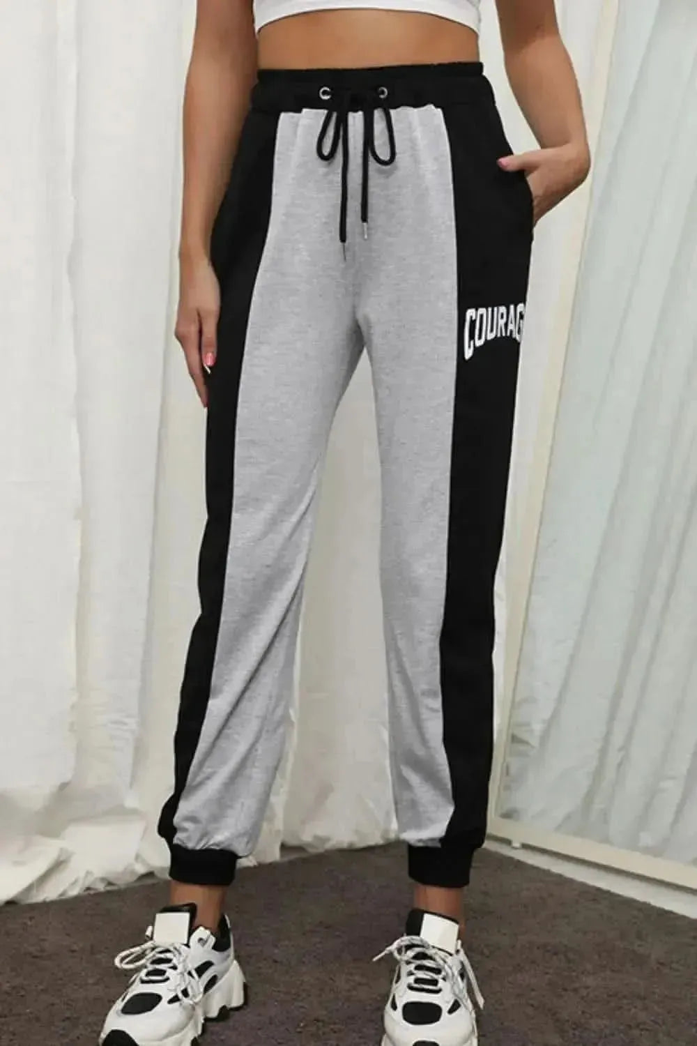 Perfee COURAGE Graphic Color Block Drawstring Joggers - Bad Moms Club