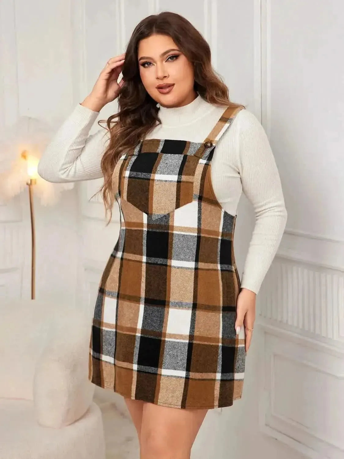 Honey Plus Size Plaid Wide Strap Overall Dress - Bad Moms Club