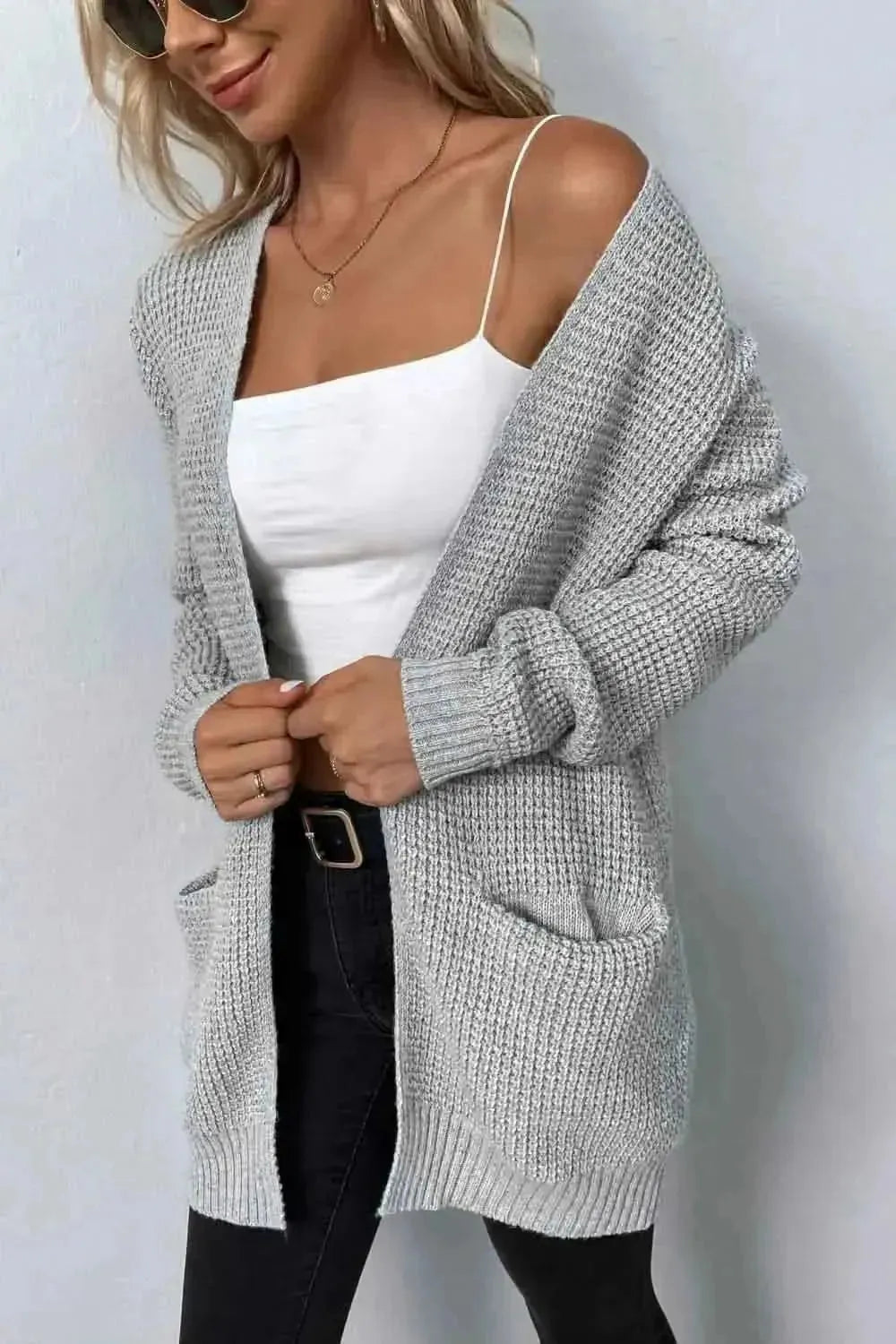 Rib-Knit Open Front Pocketed Cardigan - Bad Moms Club