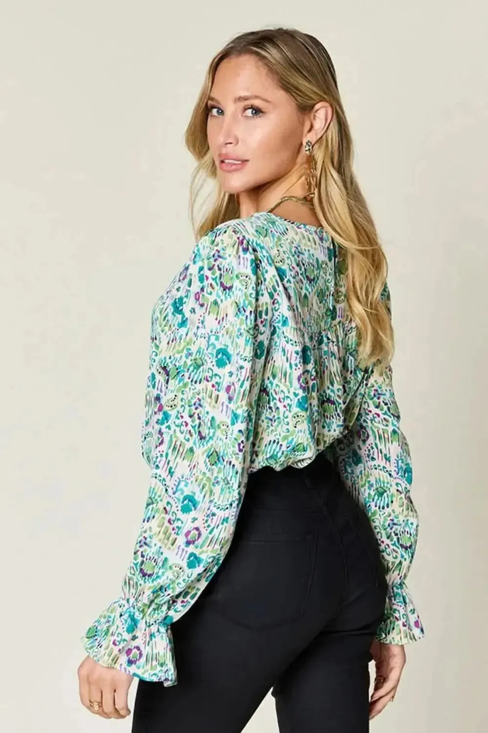 Double Take Full Size Printed Flounce Sleeve Blouse - Bad Moms Club