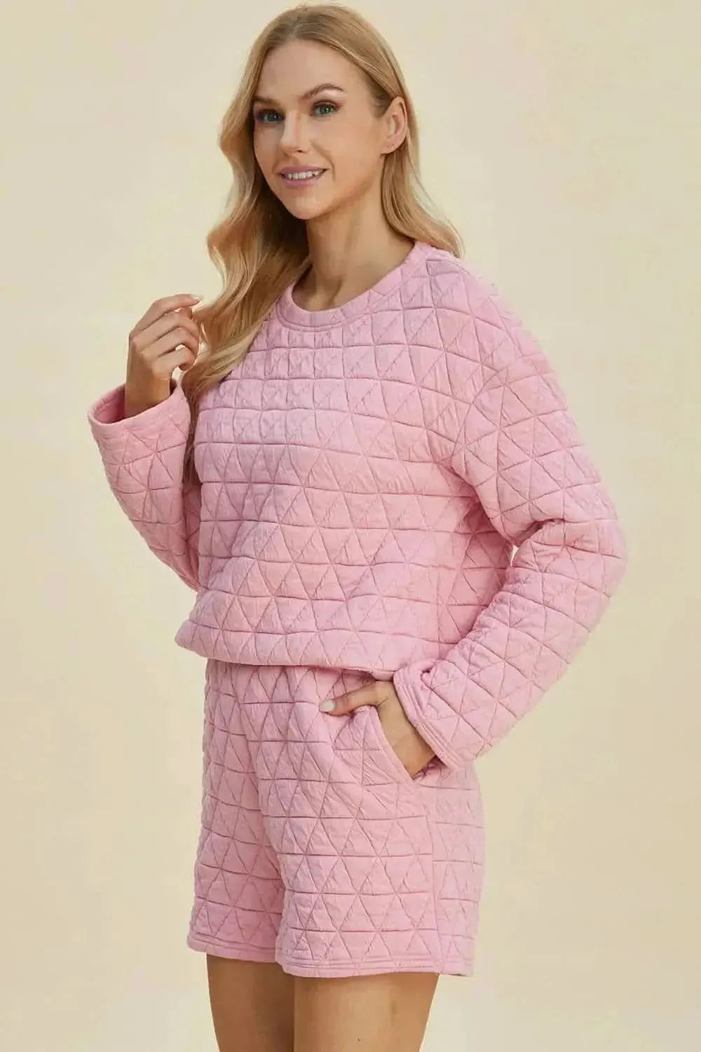 Double Take Full Size Texture Round Neck Long Sleeve Top and Shorts Set - Bad Moms Club
