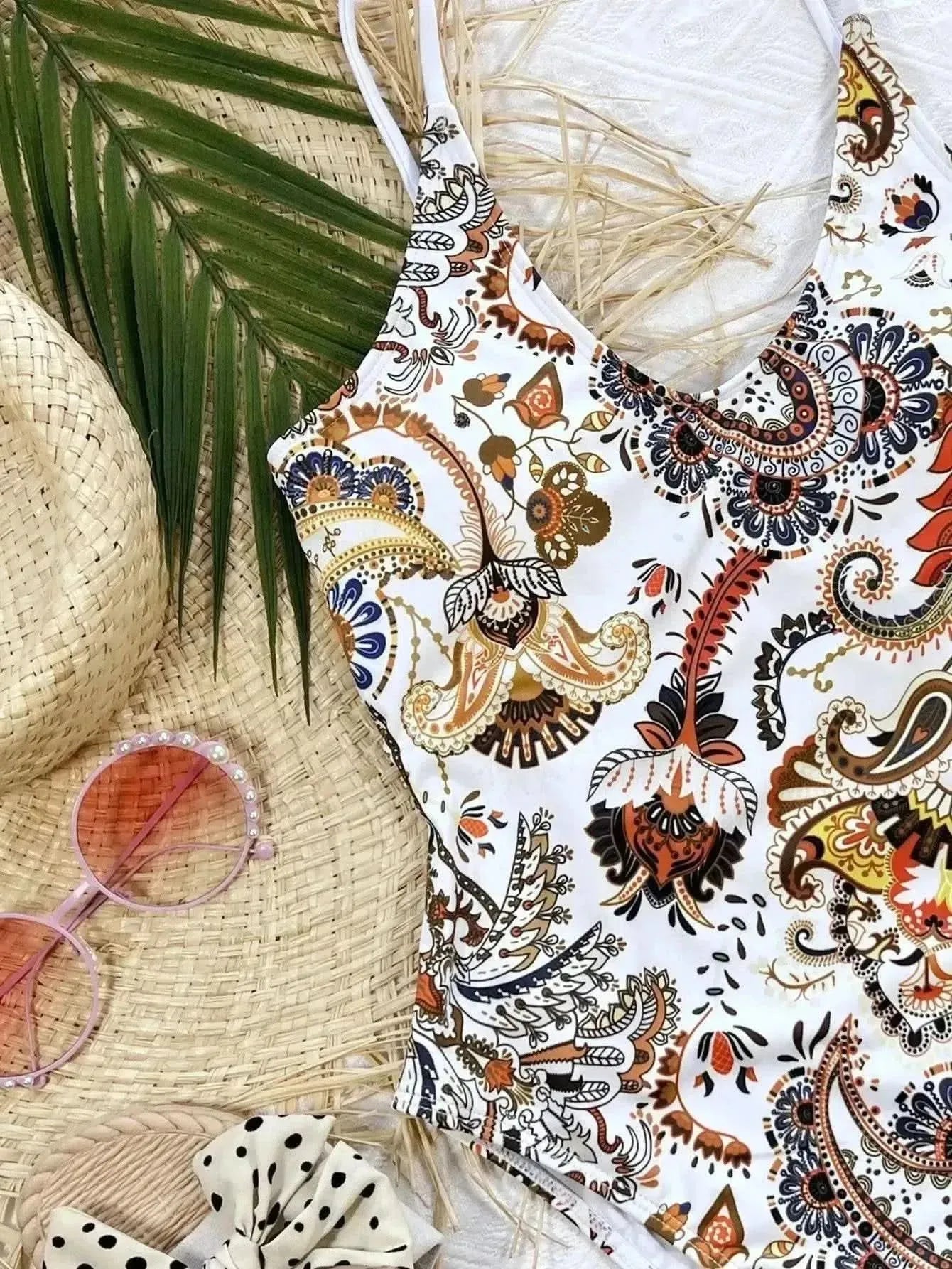 Printed Tie Back Scoop Neck One-Piece Swimsuit - Bad Moms Club