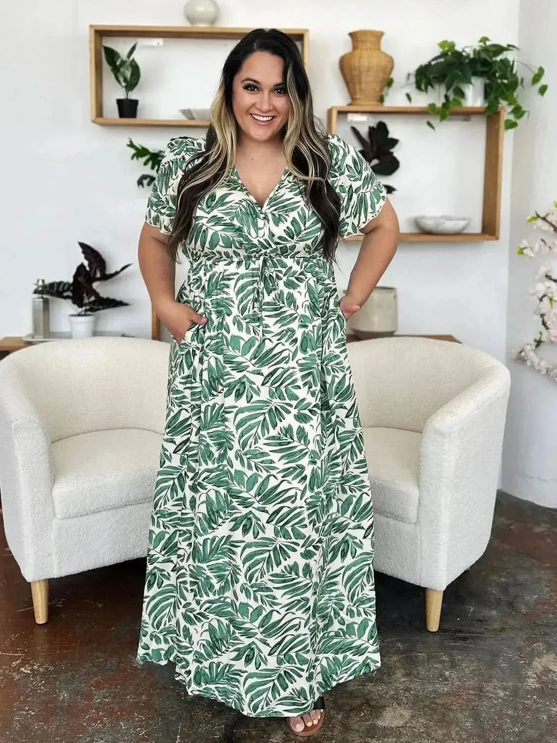 Double Take Full Size Printed Drawstring Short Sleeve Dress - Bad Moms Club