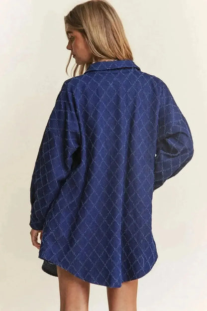 J.NNA Rhombus Stitched Button Up Denim Shacket - Bad Moms Club