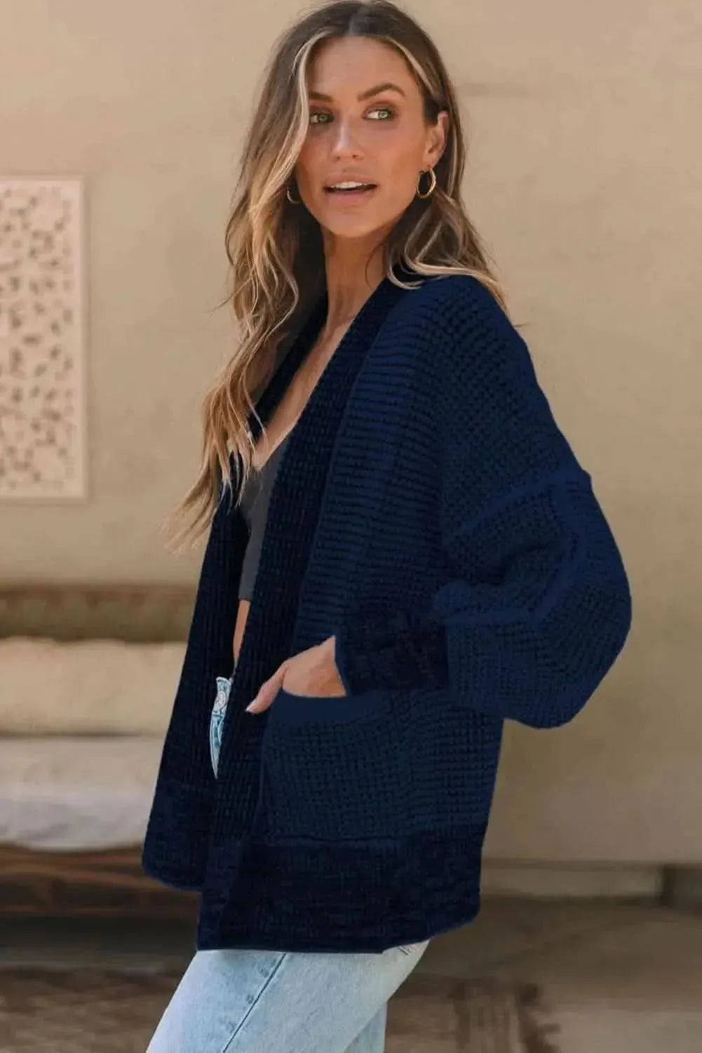 Waffle-knit Pocketed Open Front Cardigan - Bad Moms Club