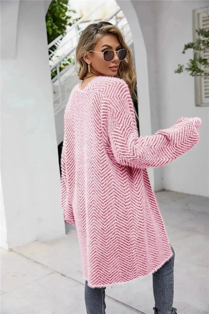 Herringbone Pattern Open Front Longline Fuzzy Cardigan - Bad Moms Club