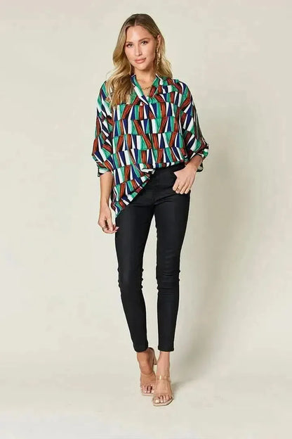 Double Take Full Size Geometric Notched Dolman Sleeve Top - Bad Moms Club