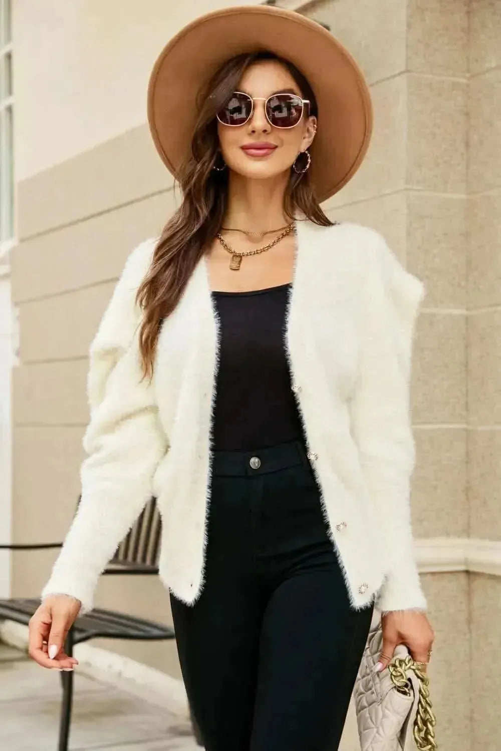 Woven Right Puff Sleeve V-Neck Fuzzy Cardigan - Bad Moms Club