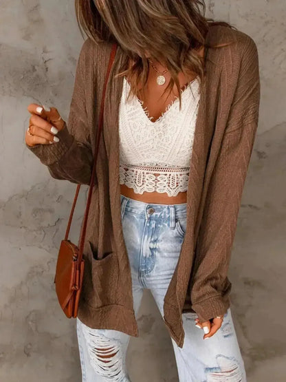 Pocketed Open Front Long Sleeve Cardigan - Bad Moms Club