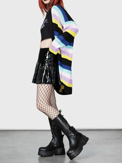 Striped Open Front Long Sleeve Cardigan - Bad Moms Club