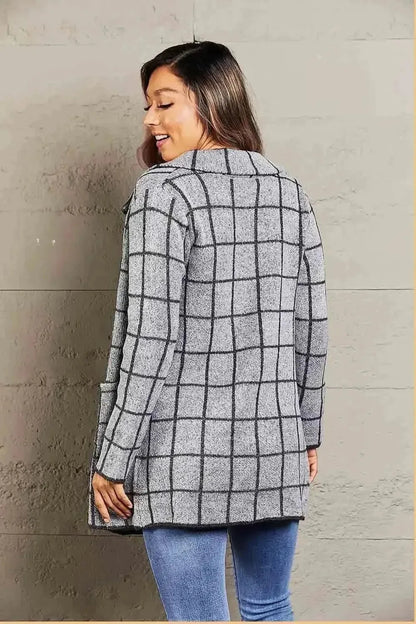Printed Open Front Lapel Collar Cardigan with Pockets - Bad Moms Club