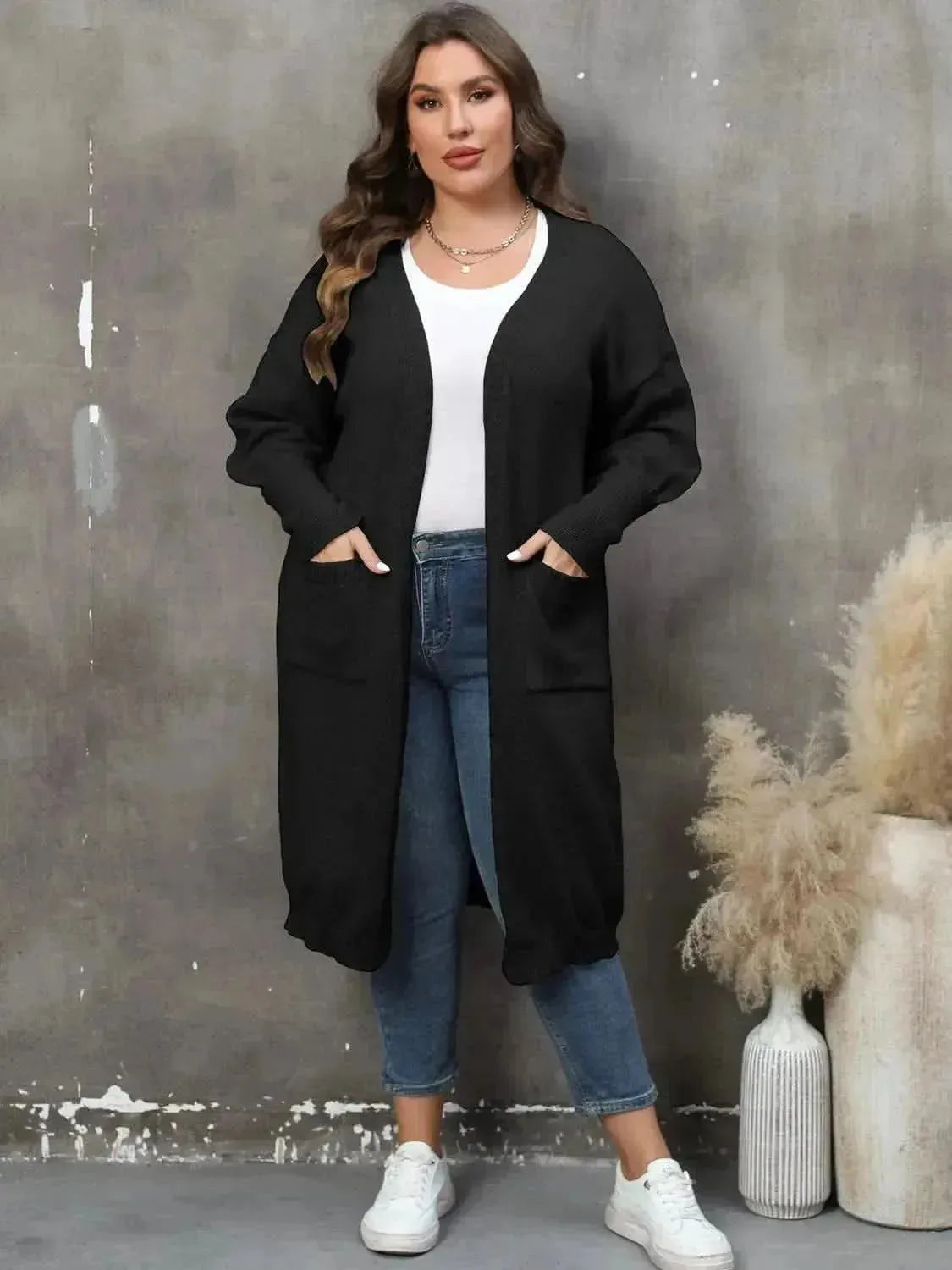 Plus Size Long Sleeve Pocketed Cardigan - Bad Moms Club