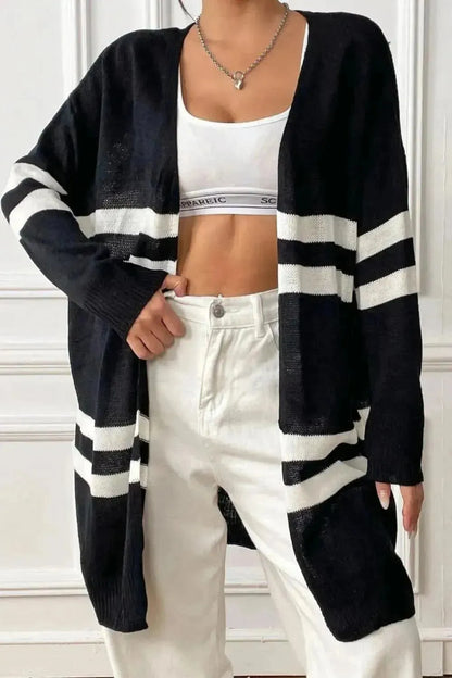 Striped Open Front Dropped Shoulder Cardigan - Bad Moms Club