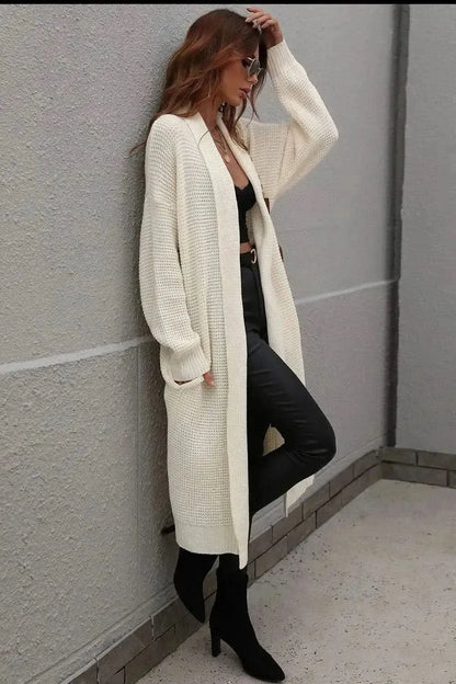 Waffle Knit Open Front Duster Cardigan With Pockets - Bad Moms Club
