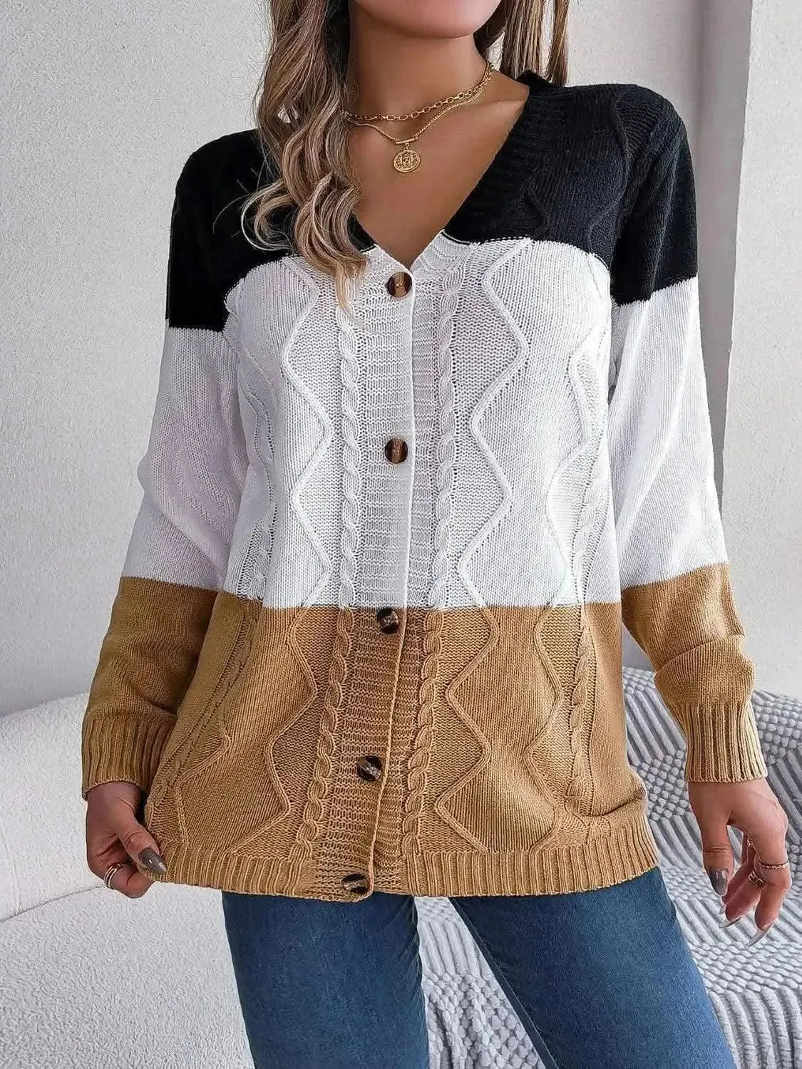 Cable-Knit Striped Button Up Cardigan - Bad Moms Club