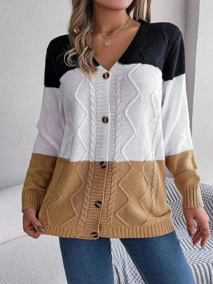 Cable-Knit Striped Button Up Cardigan - Bad Moms Club