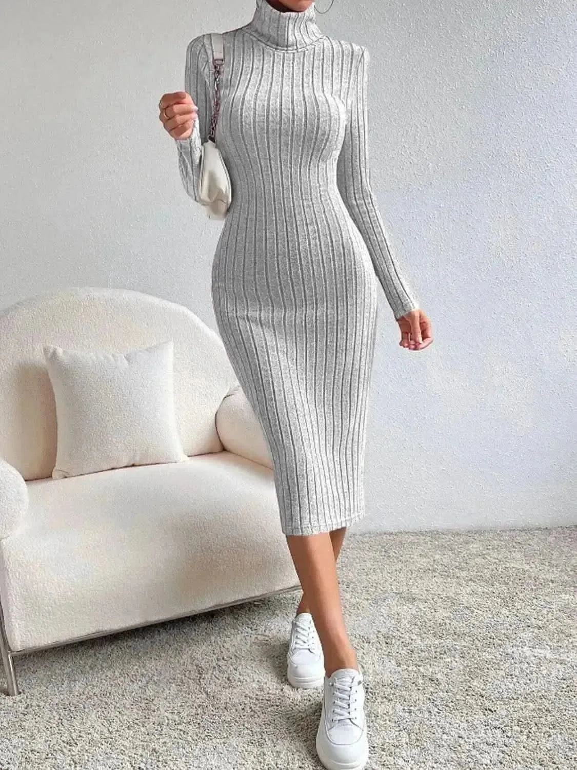 Turtleneck Long Sleeve Midi Sweater Dress - Bad Moms Club