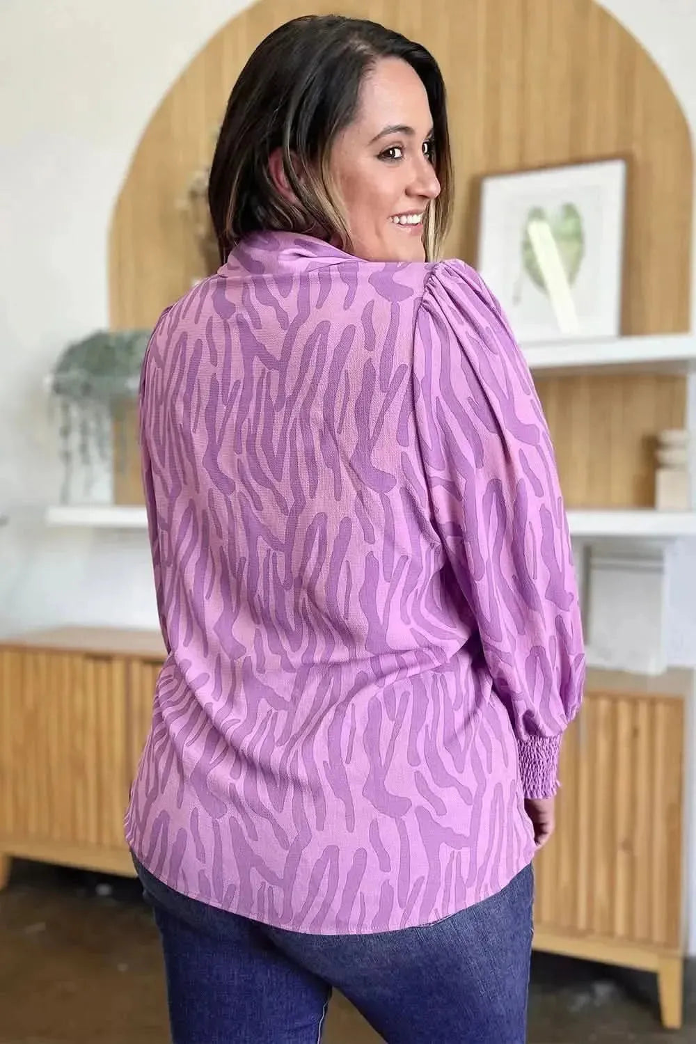 Double Take Full Size Printed Smocked Long Sleeve Blouse - Bad Moms Club