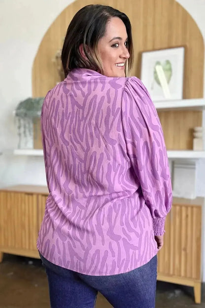 Double Take Full Size Printed Smocked Long Sleeve Blouse - Bad Moms Club