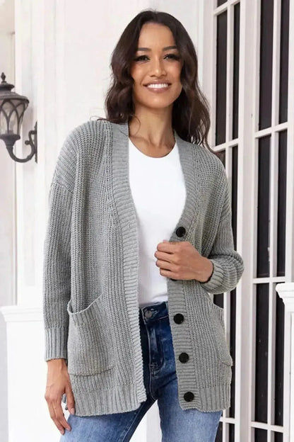 Button Up Long Sleeve Cardigan with Pockets - Bad Moms Club
