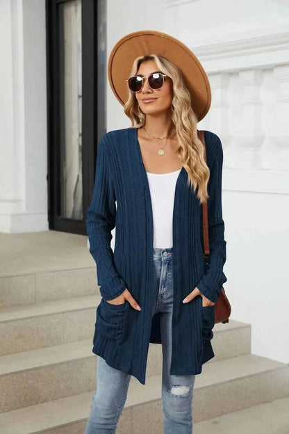 Pocketed Open Front Long Sleeve Cardigan - Bad Moms Club