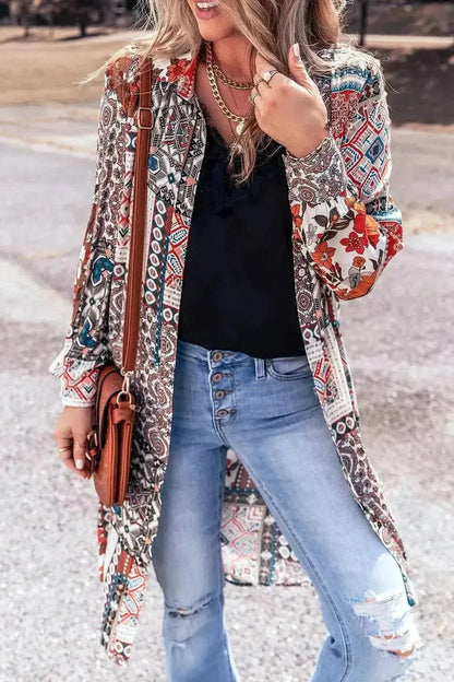 Printed Open Front Collared Neck Cardigan - Bad Moms Club